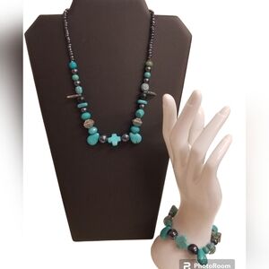F.A.I.T.H BRAND GENUINE TURQUOISE & HEMATITE STONE NECKLACE & BRACELET SET